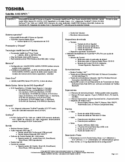 Toshiba Satellite A105-SP471 Datasheet spanish